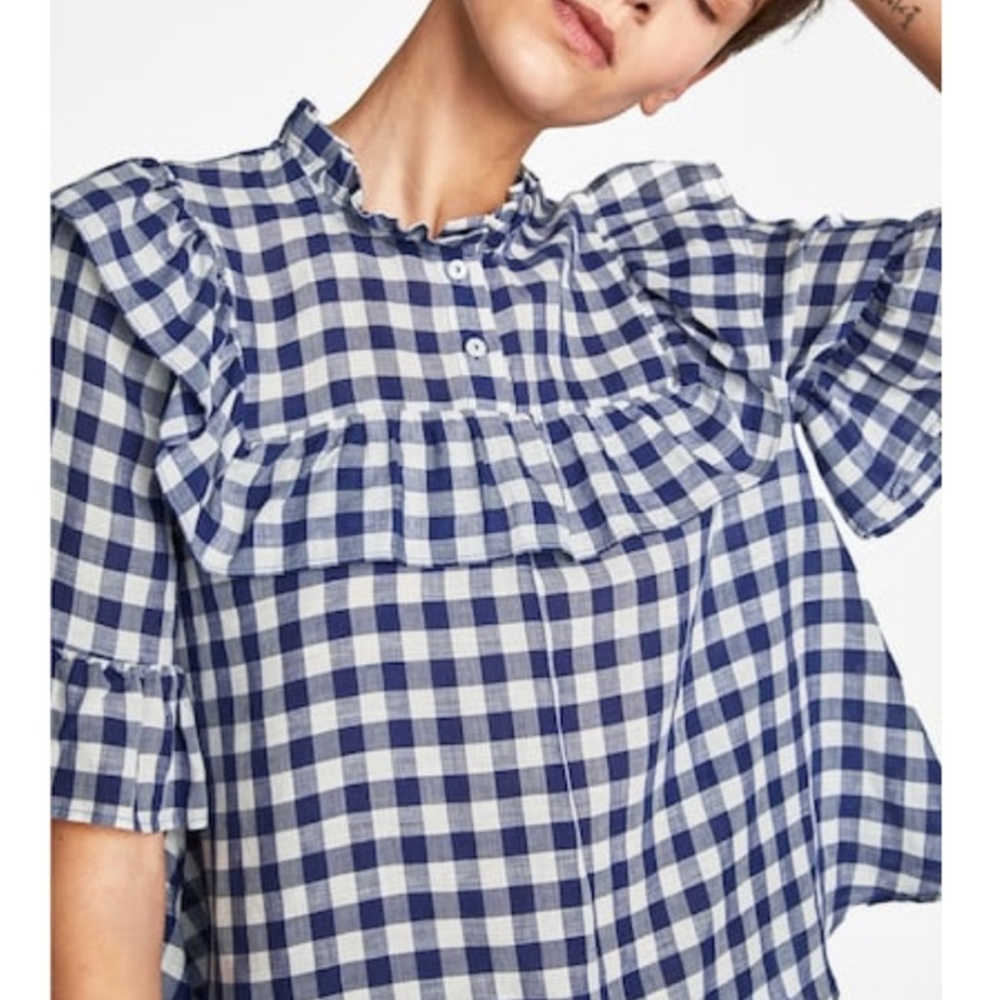 ZARA WOMAN GINGHAM BLOUSE WITH RUFFLES - Picture 3 of 8